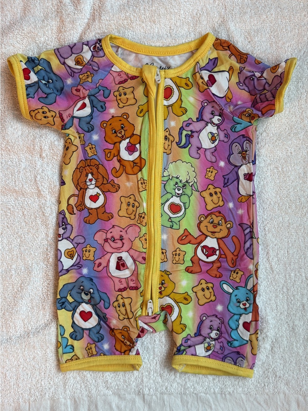 BAMBOO Rainbow Care Bears One-Piece Romper with Yellow Trim